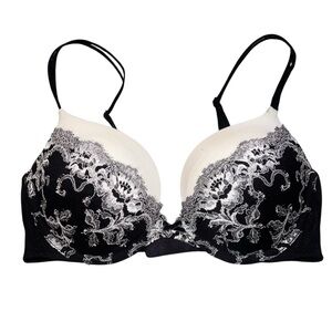 EUC Victoria's Secret Very Sexy Plunge Black Metallic White Lace Push-Up Bra 36C